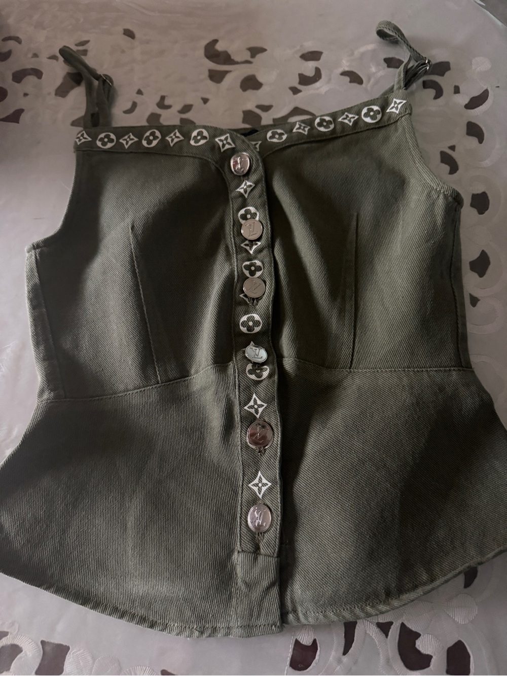 Olive Green Button-Front Spaghetti Strap Top - Picture 2 of 5